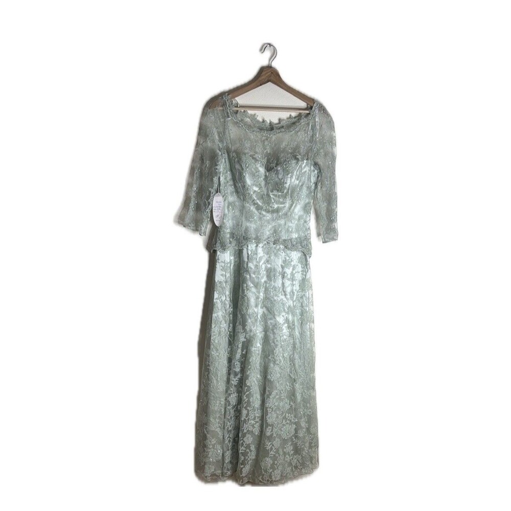 vtg Cassandra Stone Dress Womens 8 Sage Green Lace Gown Formal Evening Beaded